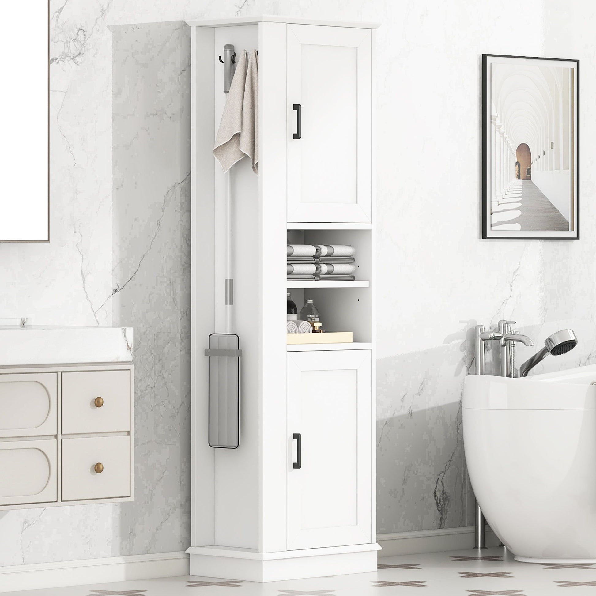 Tall Freestanding Bathroom Storage Cabinet With Adjustable Shelves And Side Hooks Board, Rectangle Design
