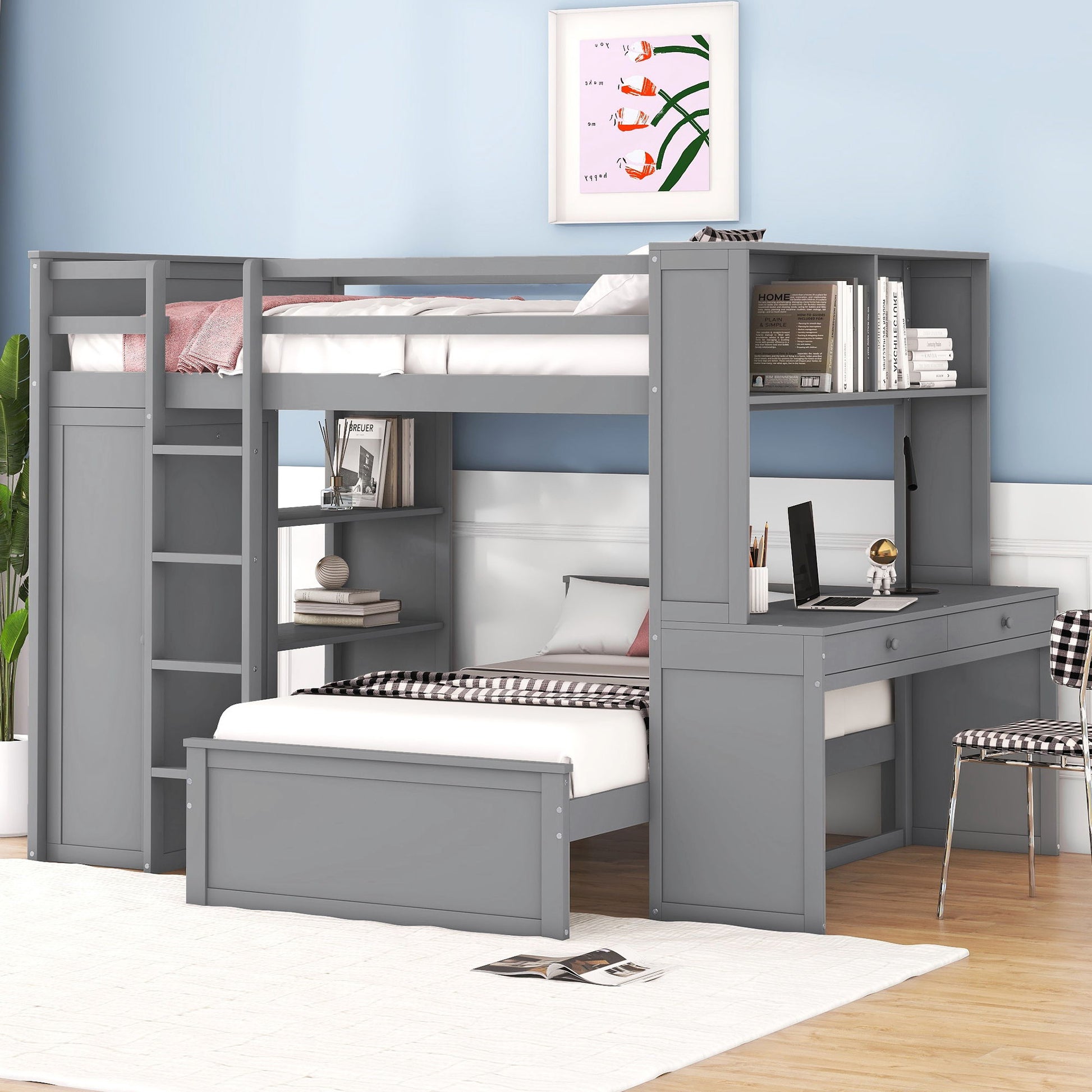 Loft Bed With A Twin Size Standalone Bed, Shelves, Desk, And Wardrobe