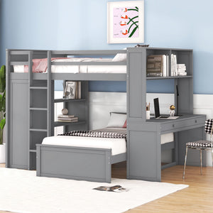 Loft Bed With A Twin Size Standalone Bed, Shelves, Desk, And Wardrobe