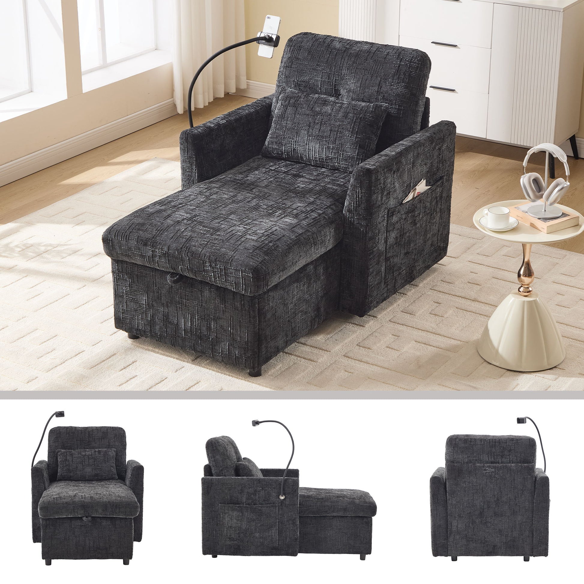 Multifunctional Chenille Recliner Sofa With Storage And Phone Bracket
