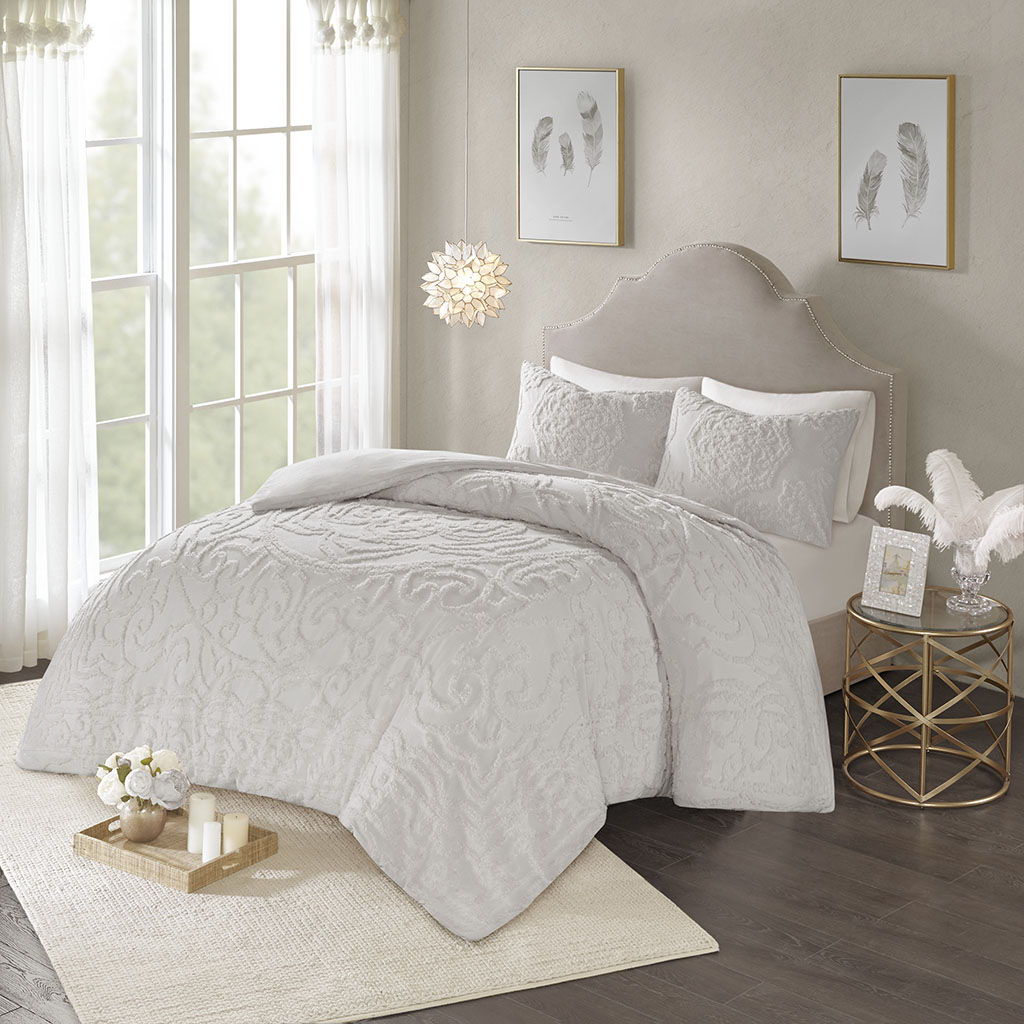 Laetitia - 3-Piece Tufted Medallion Duvet Cover Set - Gray
