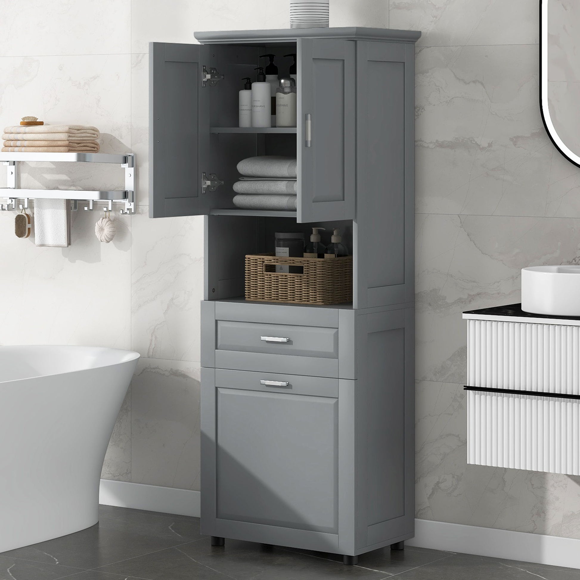 Tall Bathroom Cabinet With Tilt-Out Laundry Basket And Upper Storage