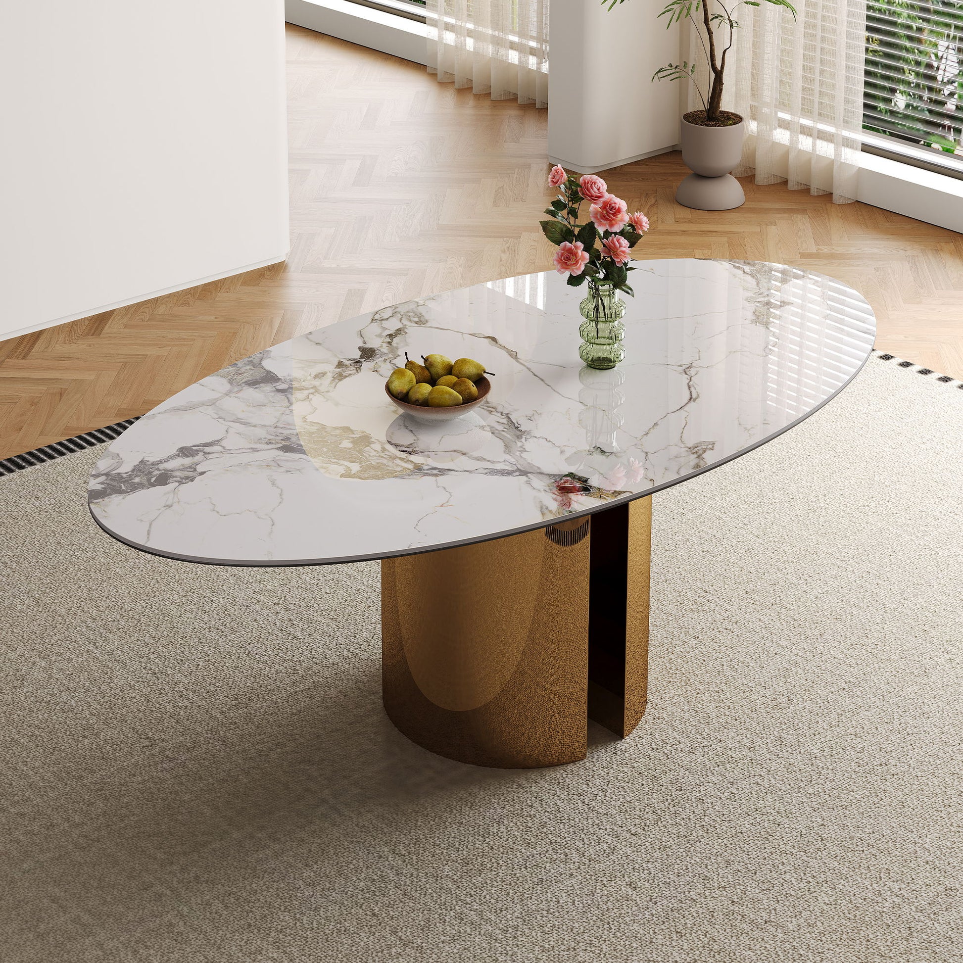 Oval Dining Table With Stainless Steel Base, Sturdy And Stable Design For Kitchen, Dining Room - Brown / White