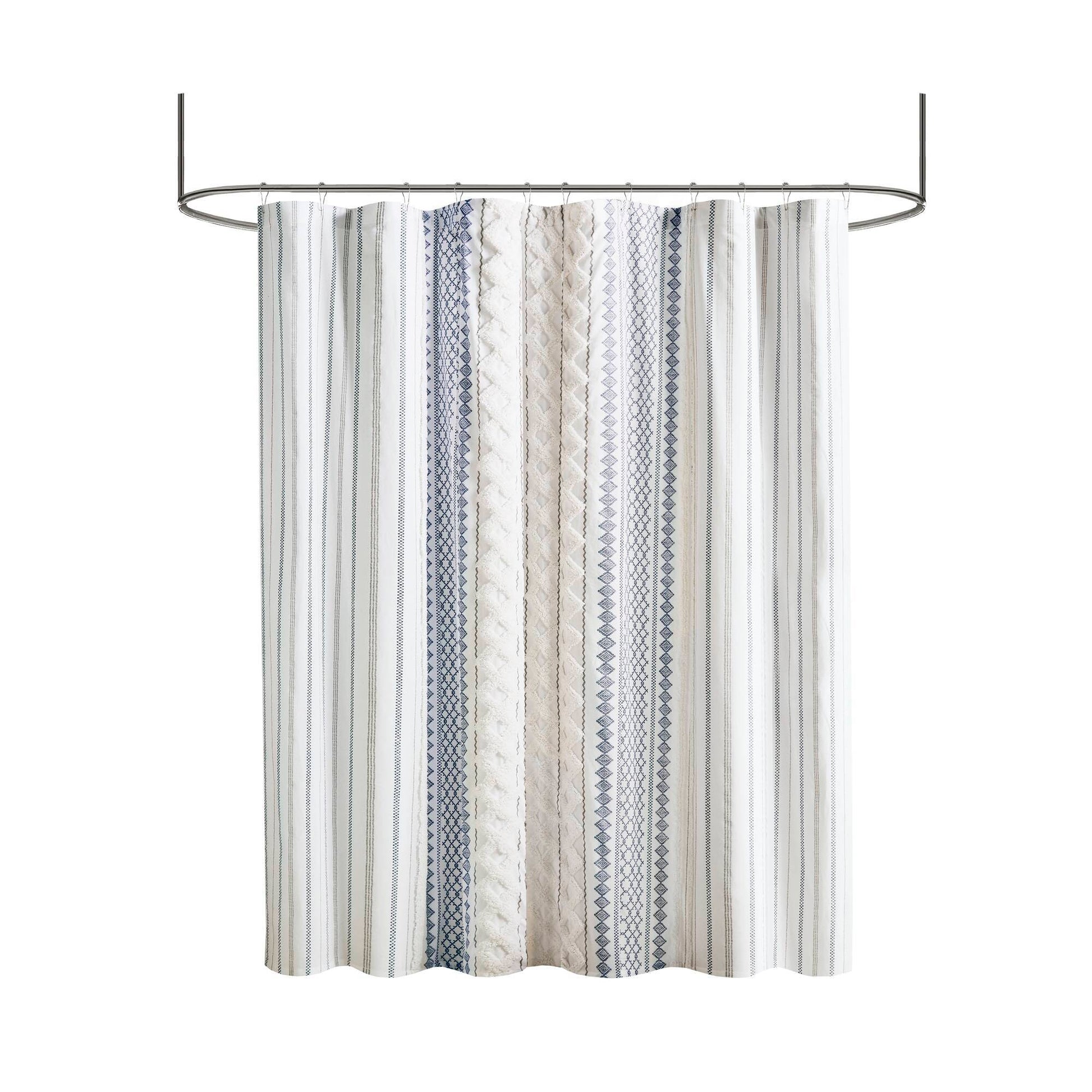 Imani - Cotton Printed Shower Curtain With Chenille - White / Navy