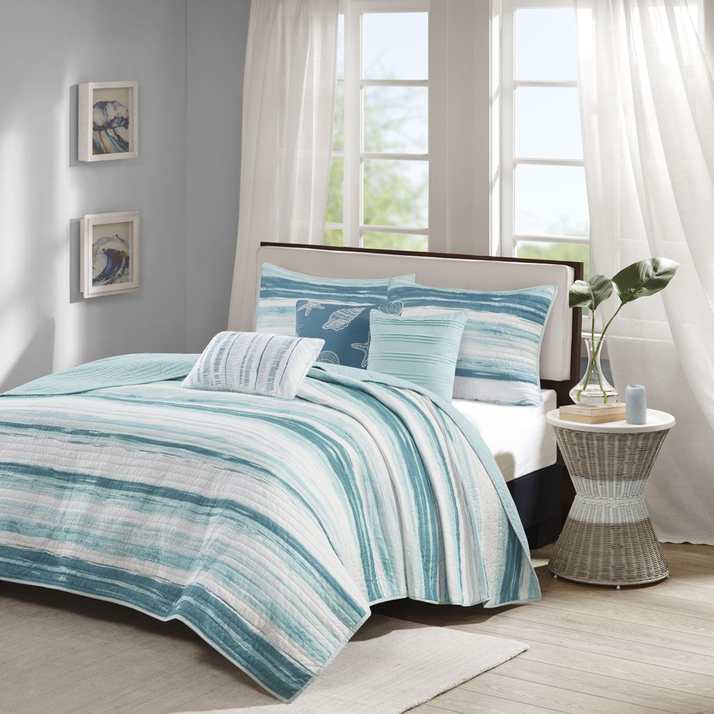 Marina - King 6 Piece Quilted Coverlet Set - Aqua