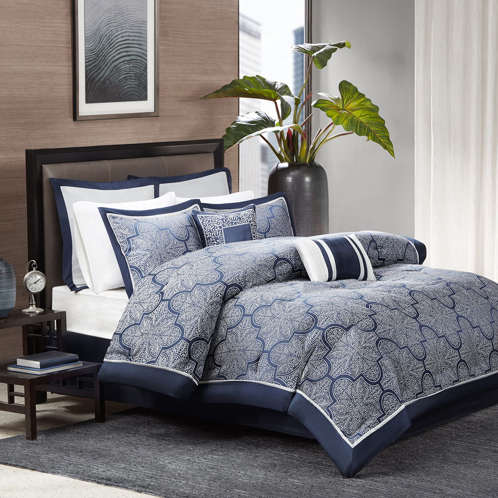 Medina - Queen 8 Piece Comforter Set - Navy