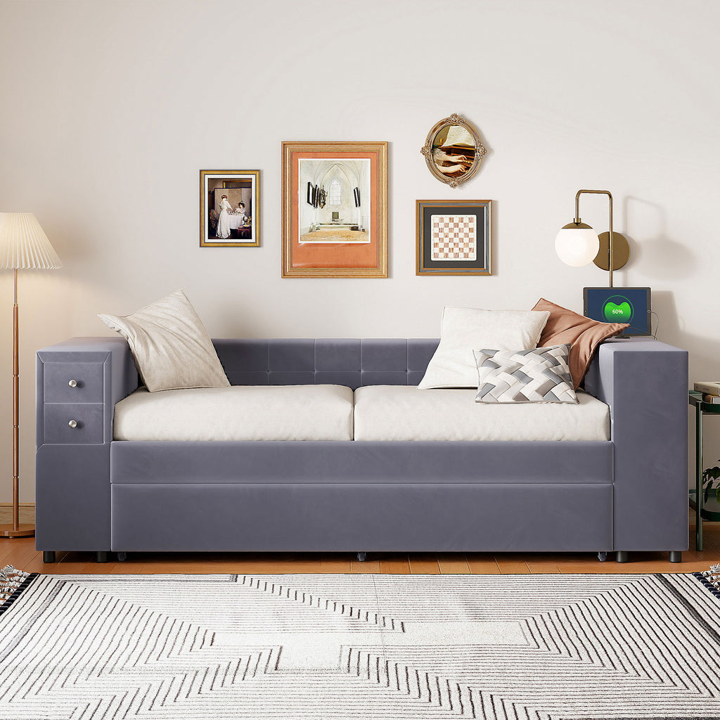 Upholstered Bed With Storage And Twin Trundle, USB Charging Ports