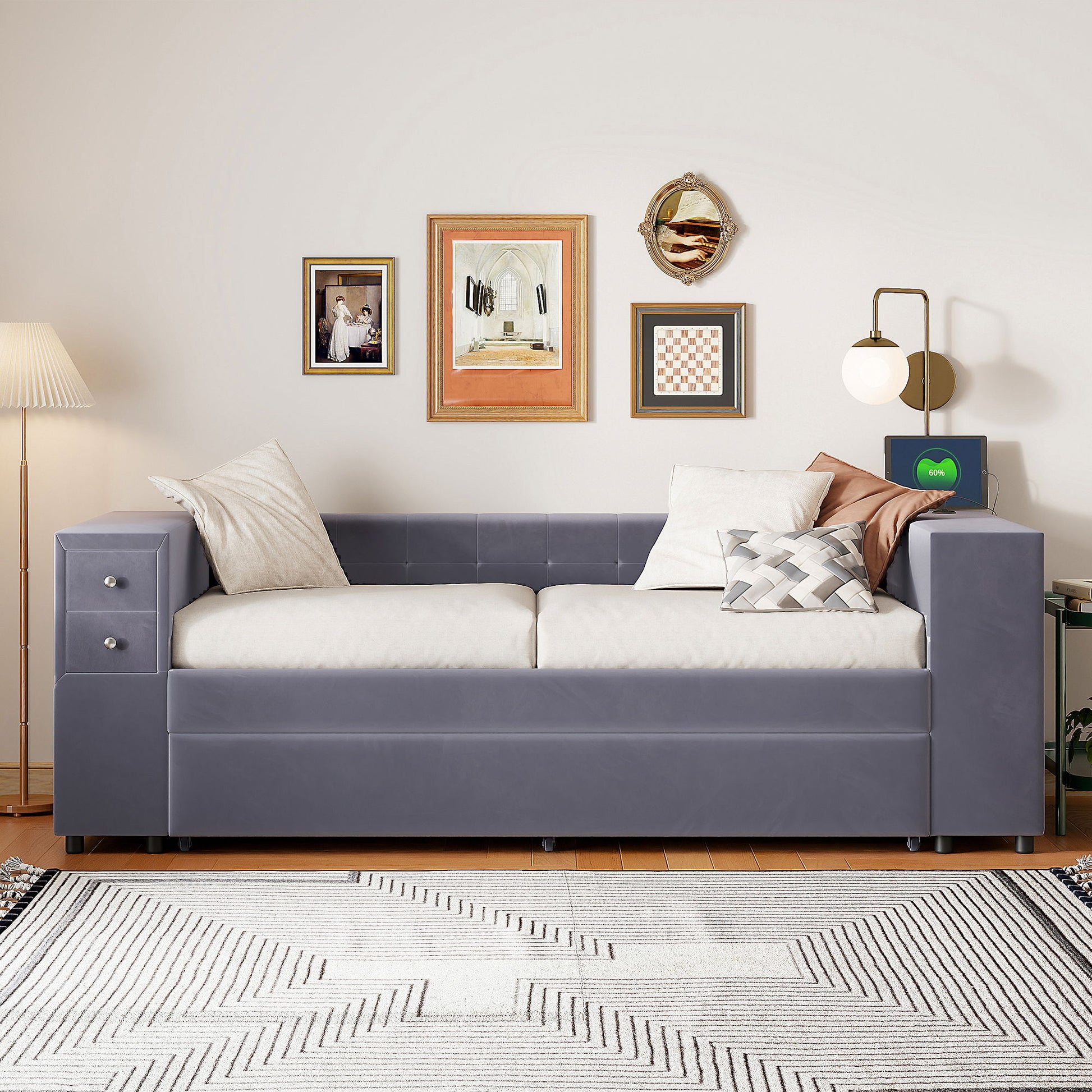 Upholstered Bed With Storage And Twin Trundle, USB Charging Ports