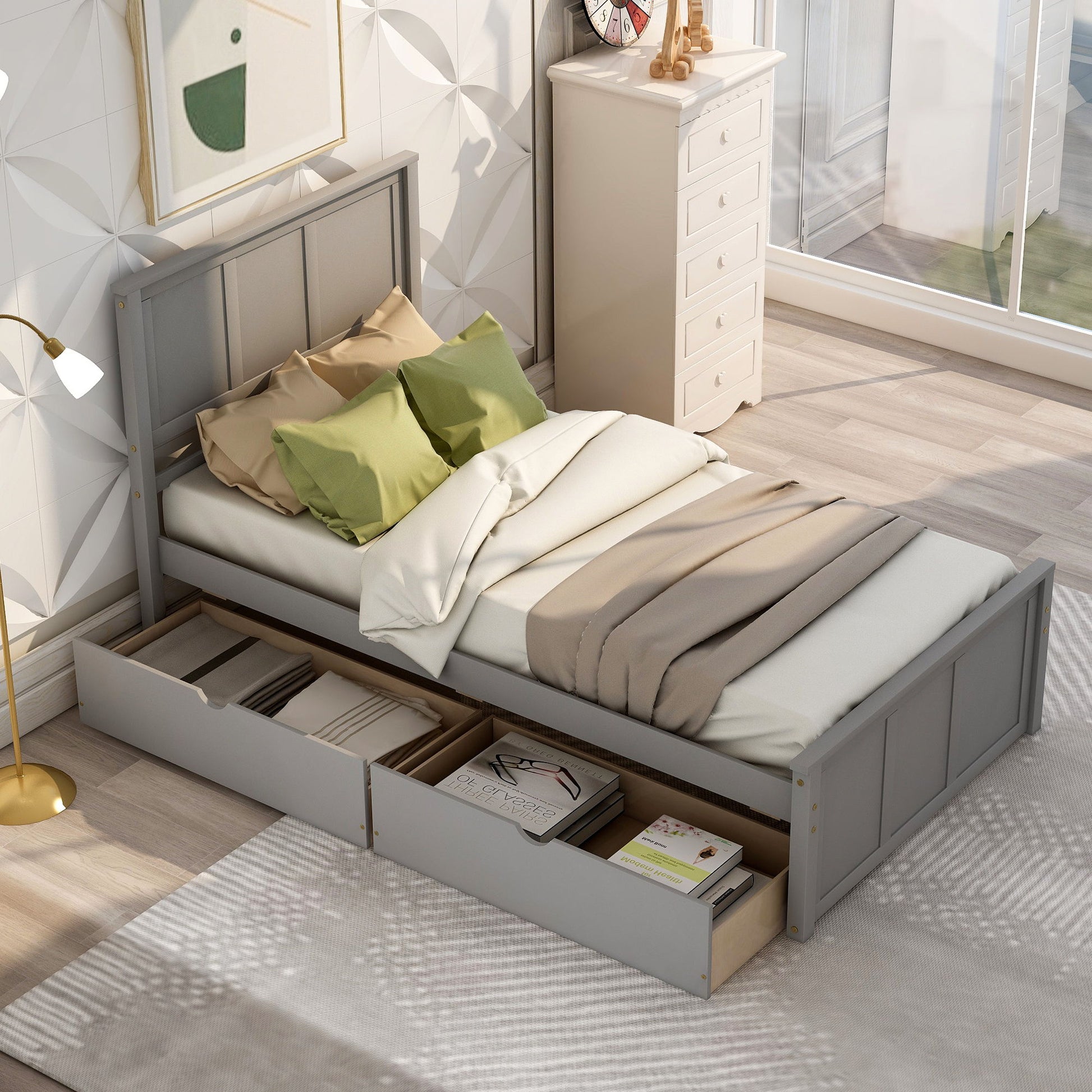Platform Storage Bed With 2 Wheel Base Drawers