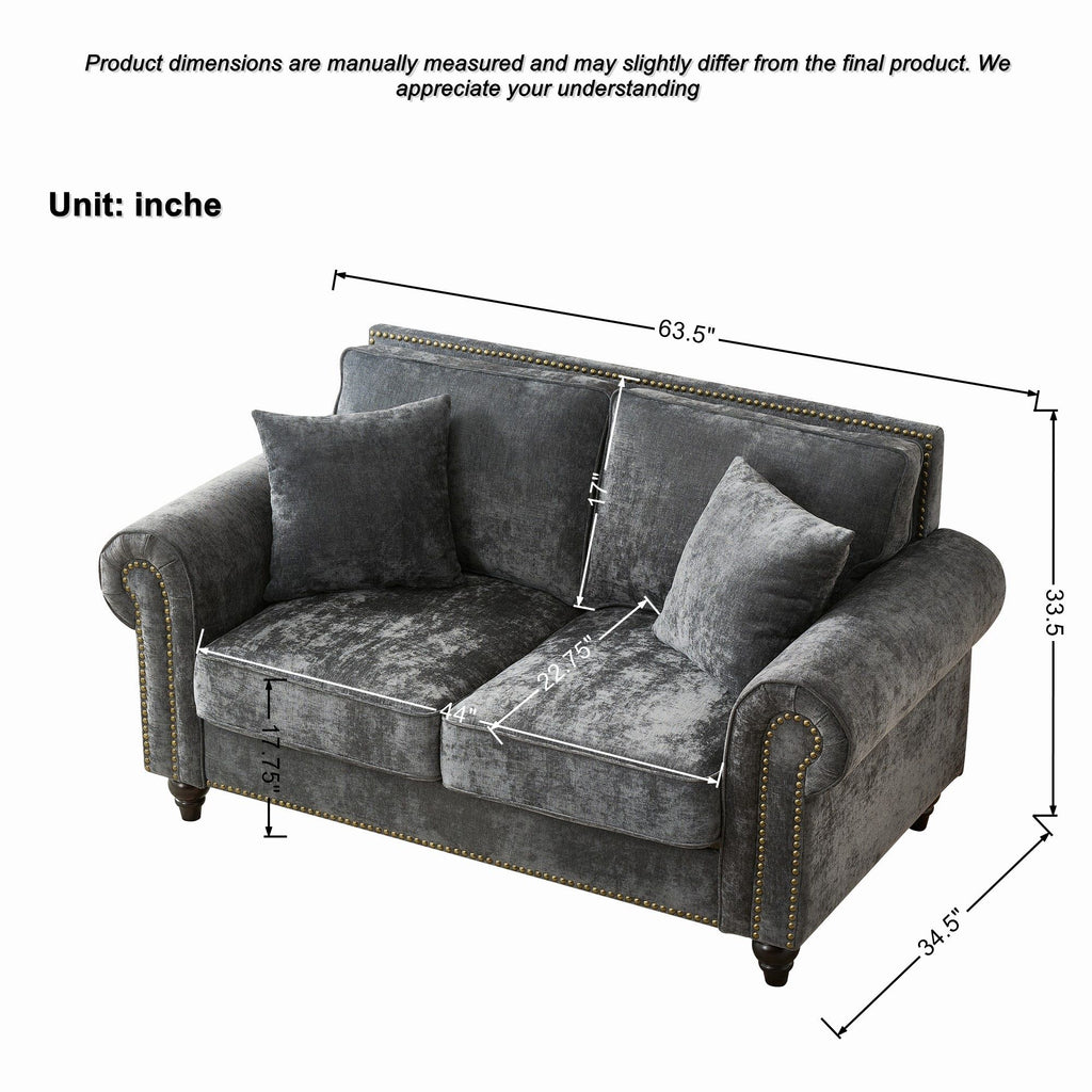 3 And 2 Seater Sofa With Rolled Arms, Tufted Upholstered Couch - Gray