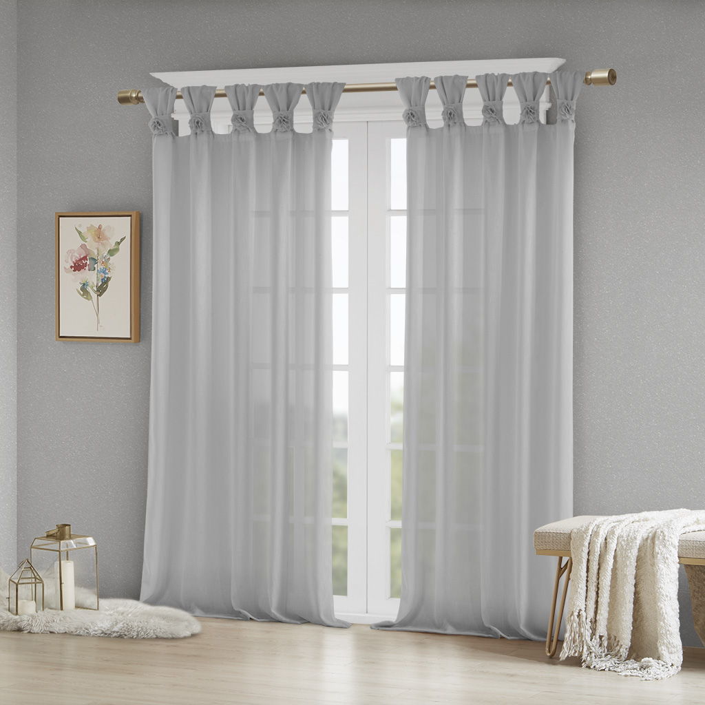 Rosette - 95" Floral Embellished Cuff Tab Top Solid Window Panel - Gray