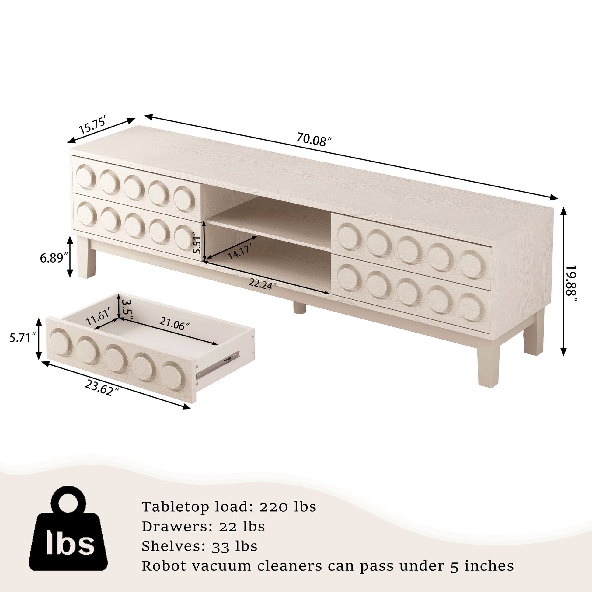 Media Console With 4 Drawers And Cable Management