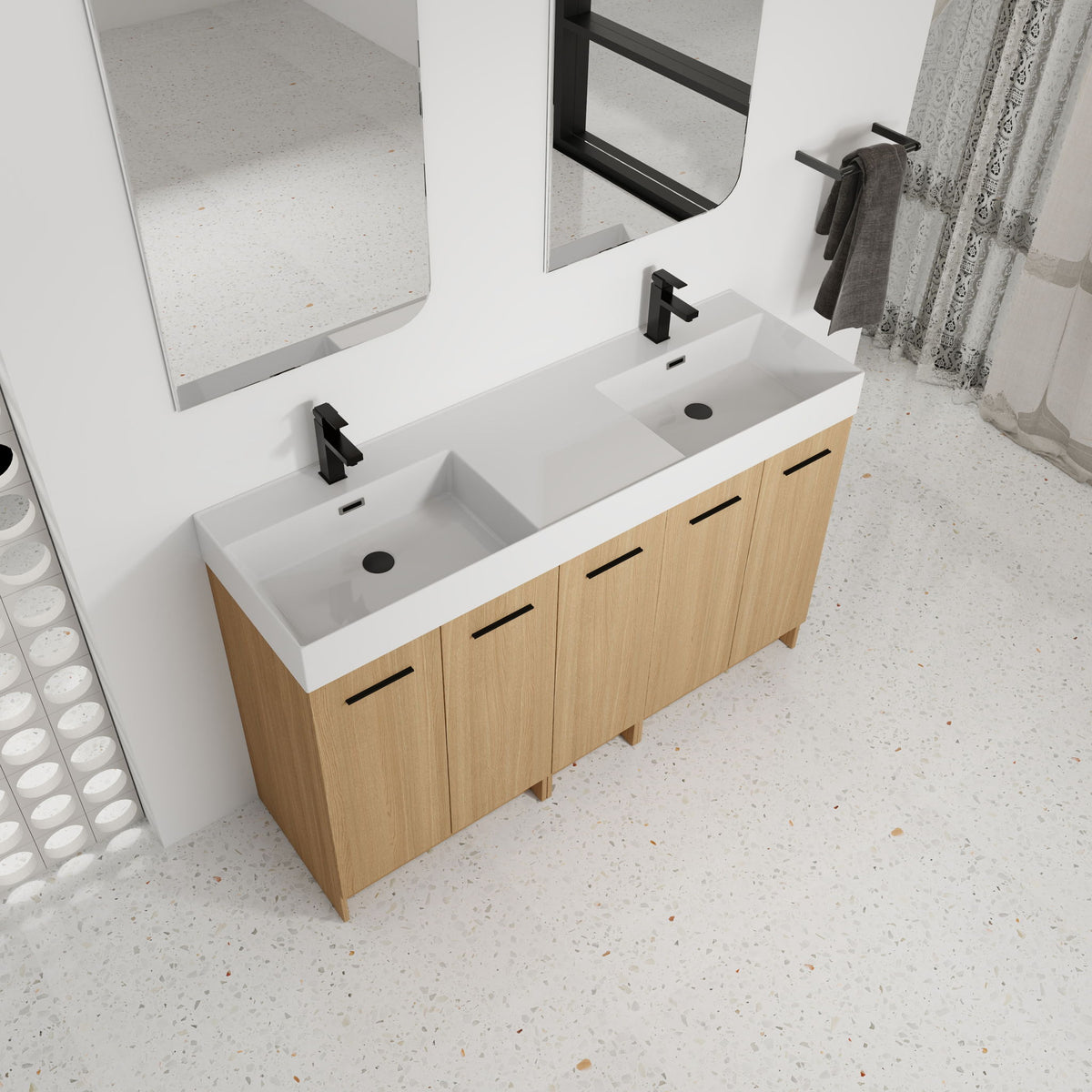 Double Sink Bathroom Vanity With Extra Large Storage, Integrated Sink, Freestanding Cabinet, Soft Close Doors - Glossy White / Light Oak