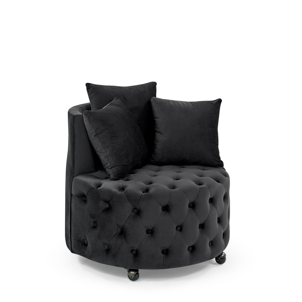 Modern Upholstered Swivel Chair With Button Tufted Design And Movable Wheels