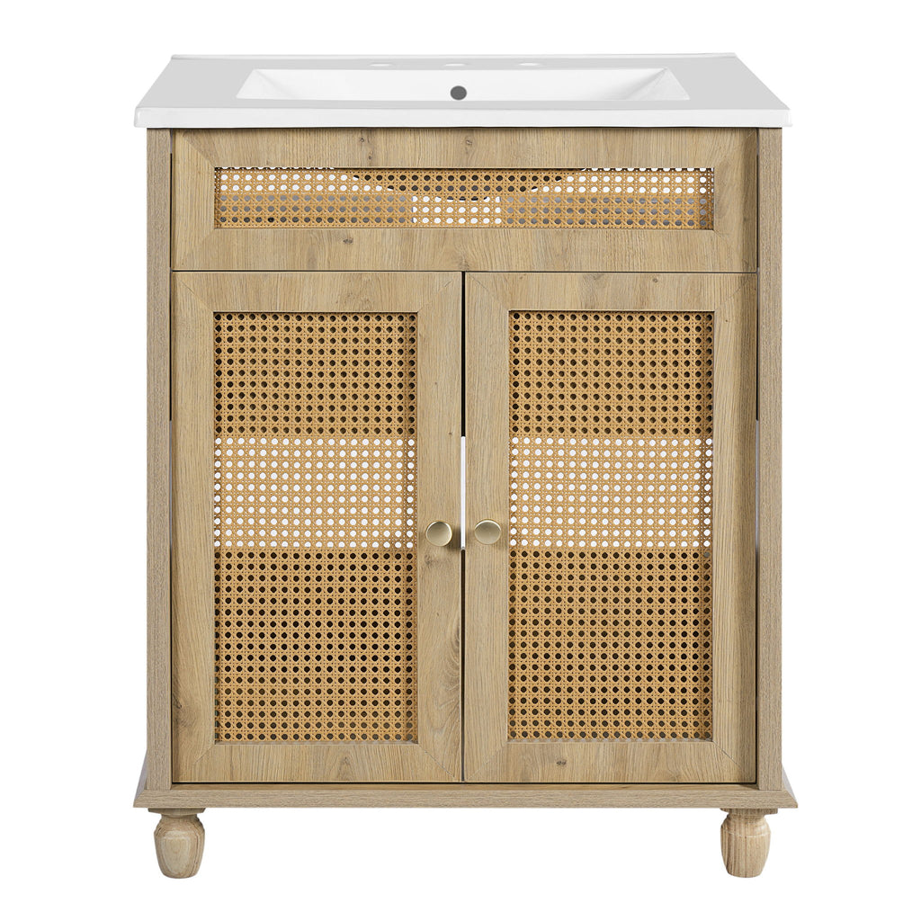 Bathroom Vanity With Handwoven Rattan Doors, Resin Basin - Natural Wood