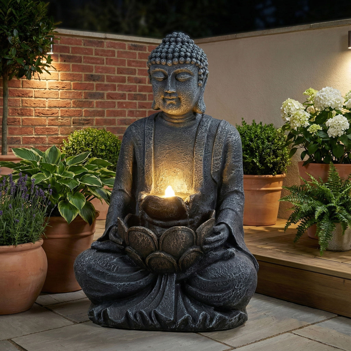 Zen - 2 Tier Meditating Buddha Water Fountain With Pump & LED Light - Gray