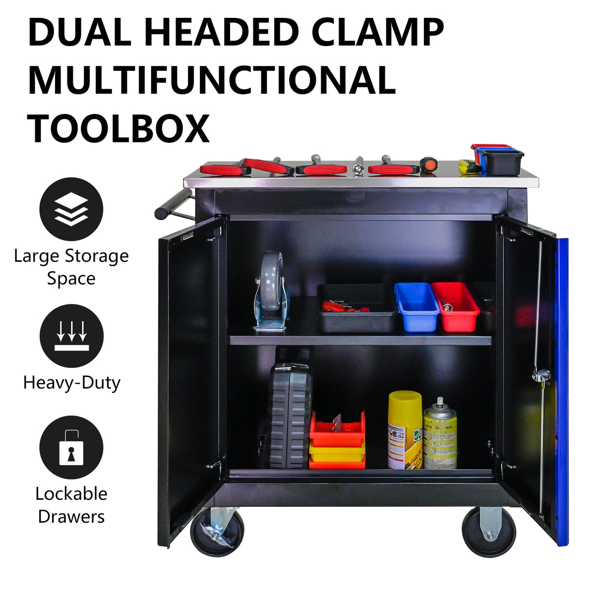 Movable Lockable Double Door Partition With Lock Multi Functional Hardware Storage Tool Car Auto Repair Locker - Black / Blue