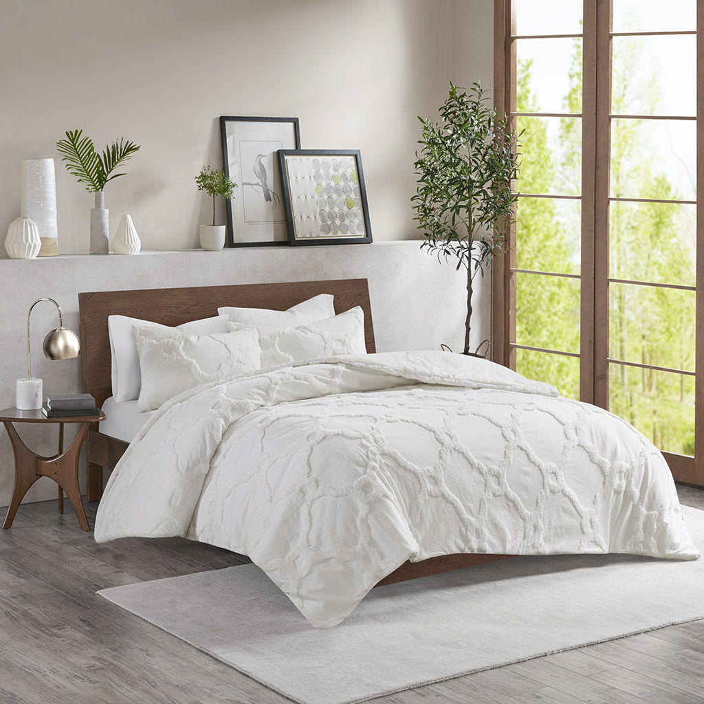 Pacey - 3 Piece Tufted Geometric Duvet Cover Set - Off White