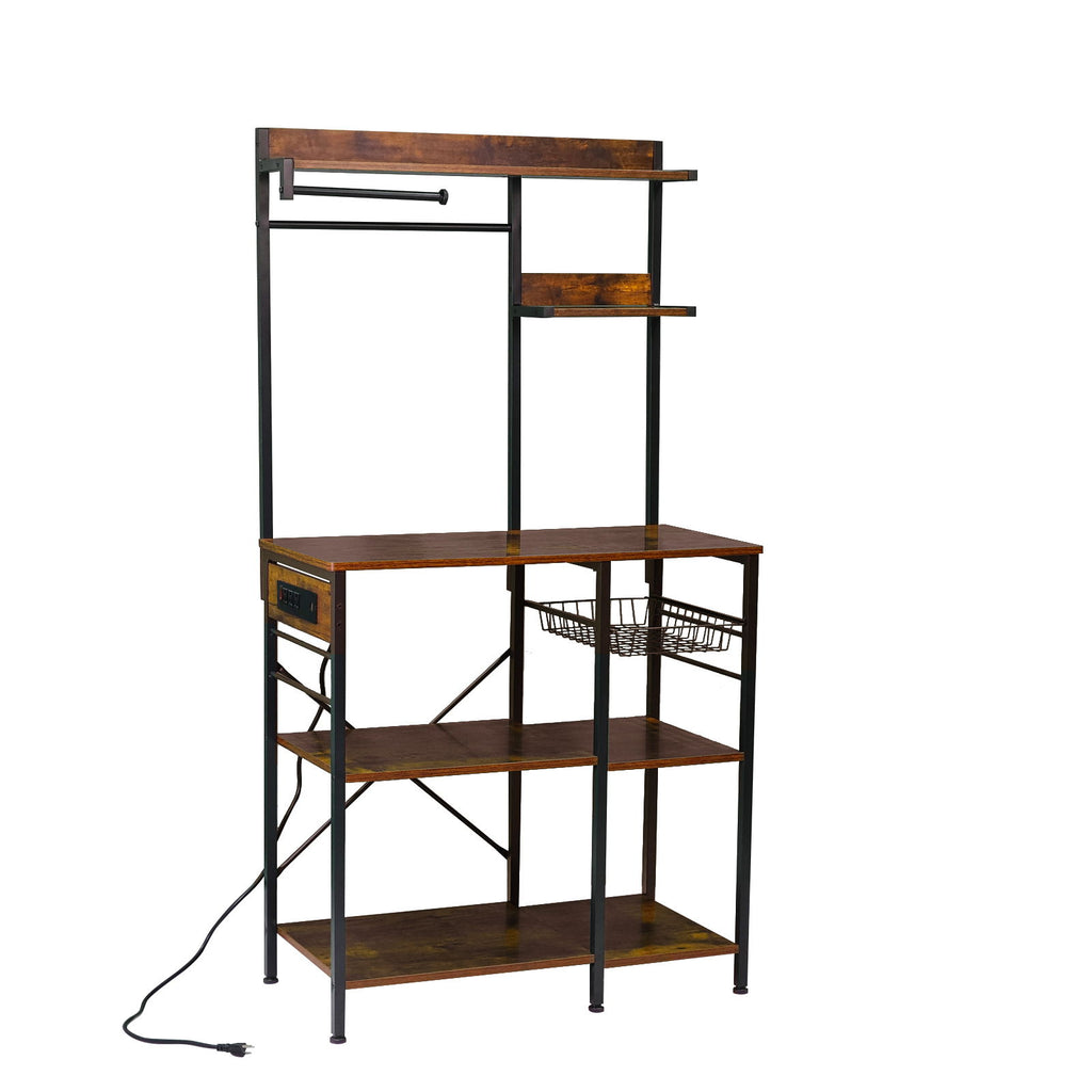 Bakers Rack With Power Outlet, Coffee Bar With S-Shaped Hooks, Kitchen Shelf With Wire Basket - Black / Brown