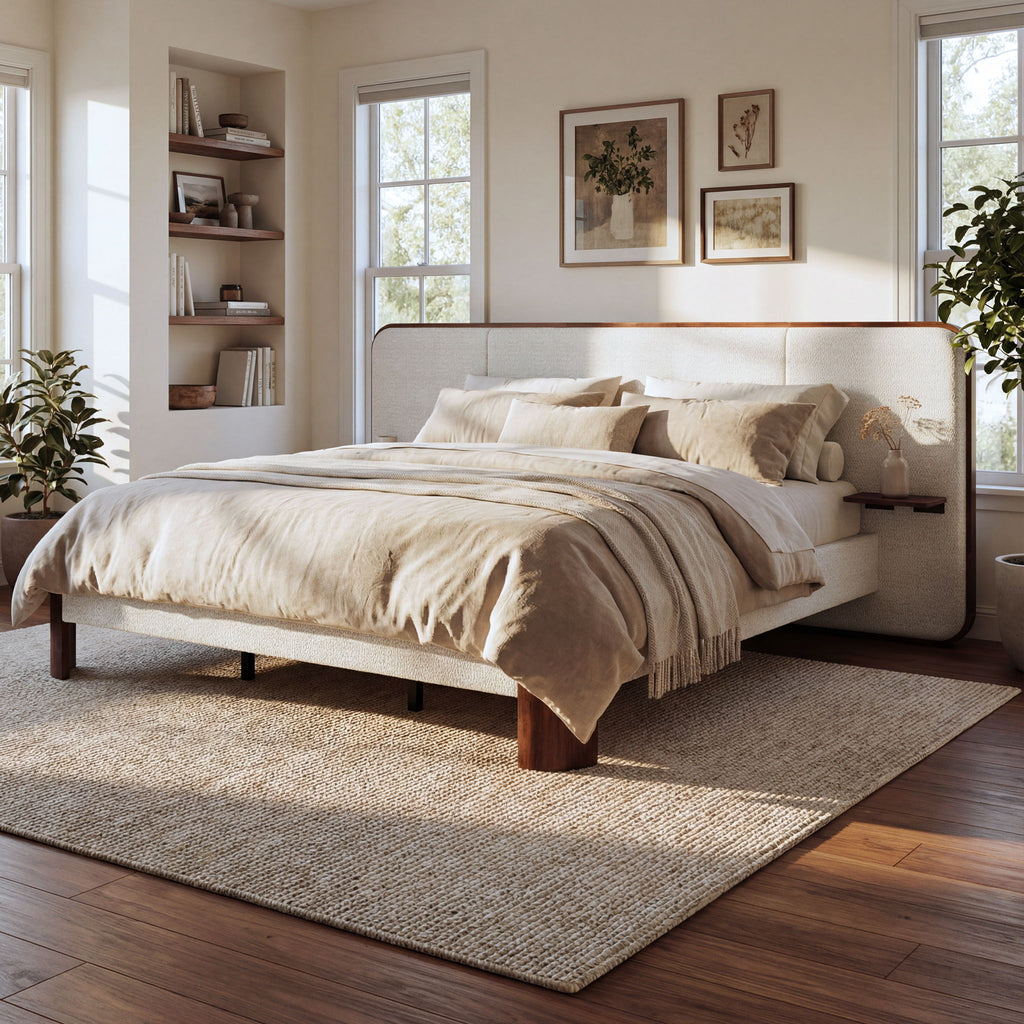 King Upholstered Platform Bed Frame With Curved Headboard, Built-In Floating Shelves, Wood Slats And Metal Support - White & Brown