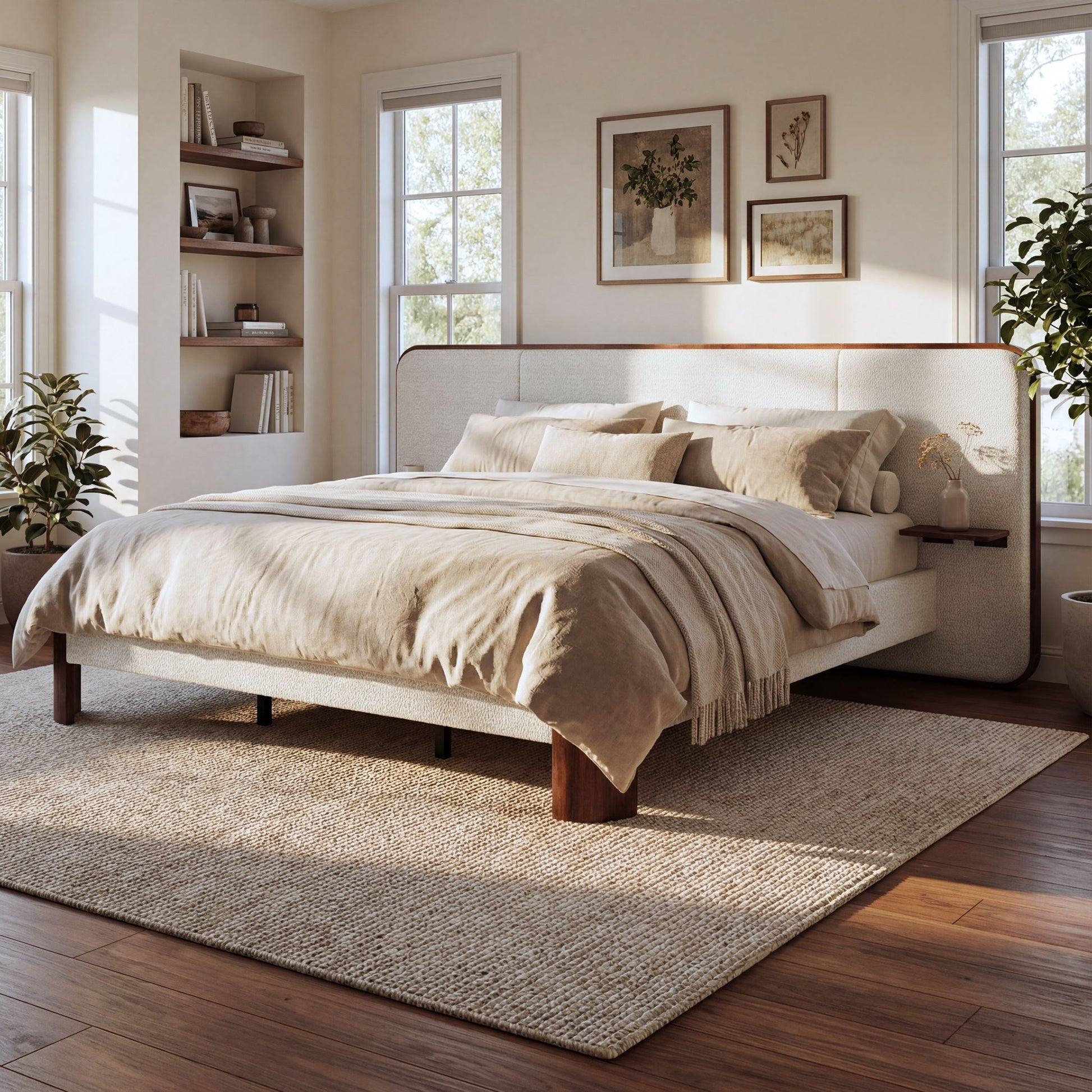 King Upholstered Platform Bed Frame With Curved Headboard, Built-In Floating Shelves, Wood Slats And Metal Support - White & Brown