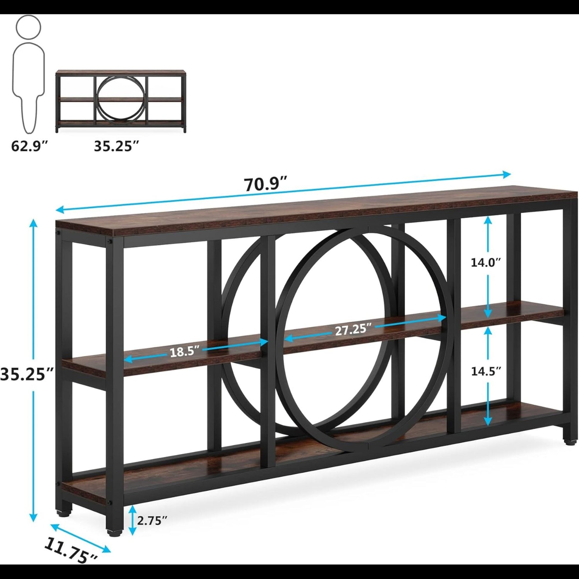 Extra Long Console Table With 3 Tier Open Shelves And Circular Frame - Brown / Black