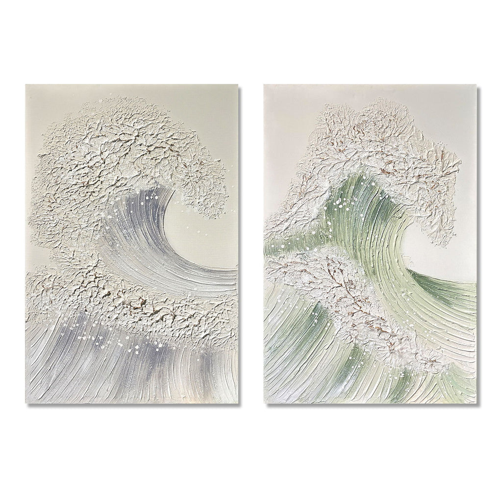 Ocean Wave Wall Art, Textured Canvas Painting With Accents (Set of 2) - Sage Green+Gold