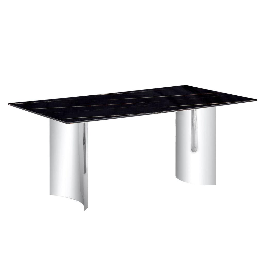 Modern Minimalist Dining Table With Imitation Marble Glass Desktop And Metal Legs