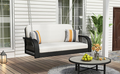 PE Wicker Porch Swing, 2 Seater Hanging Bench With Chains, Patio Furniture Swing For Backyard Garden Poolside