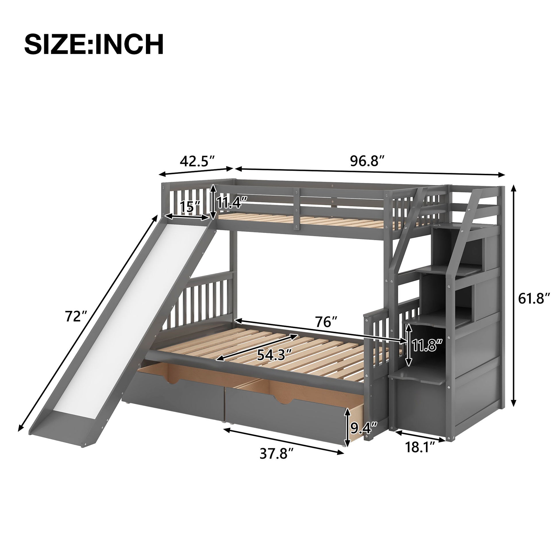 Bunk Bed With Storage Staircase, Slide, Desk, Drawers, And Shelves