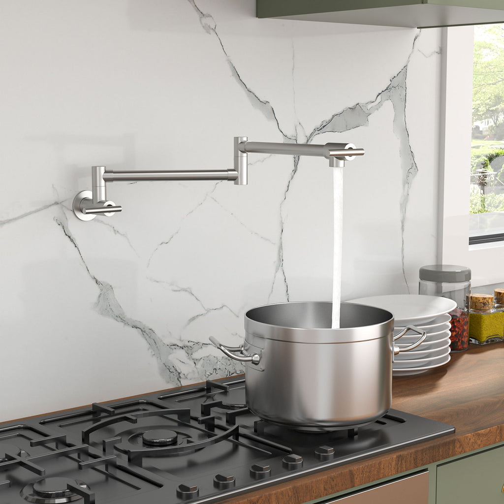Wall Mount Pot Filler Faucet Folding Stretchable Kitchen Sink Faucet With 2 Handles - Brushed Nickel