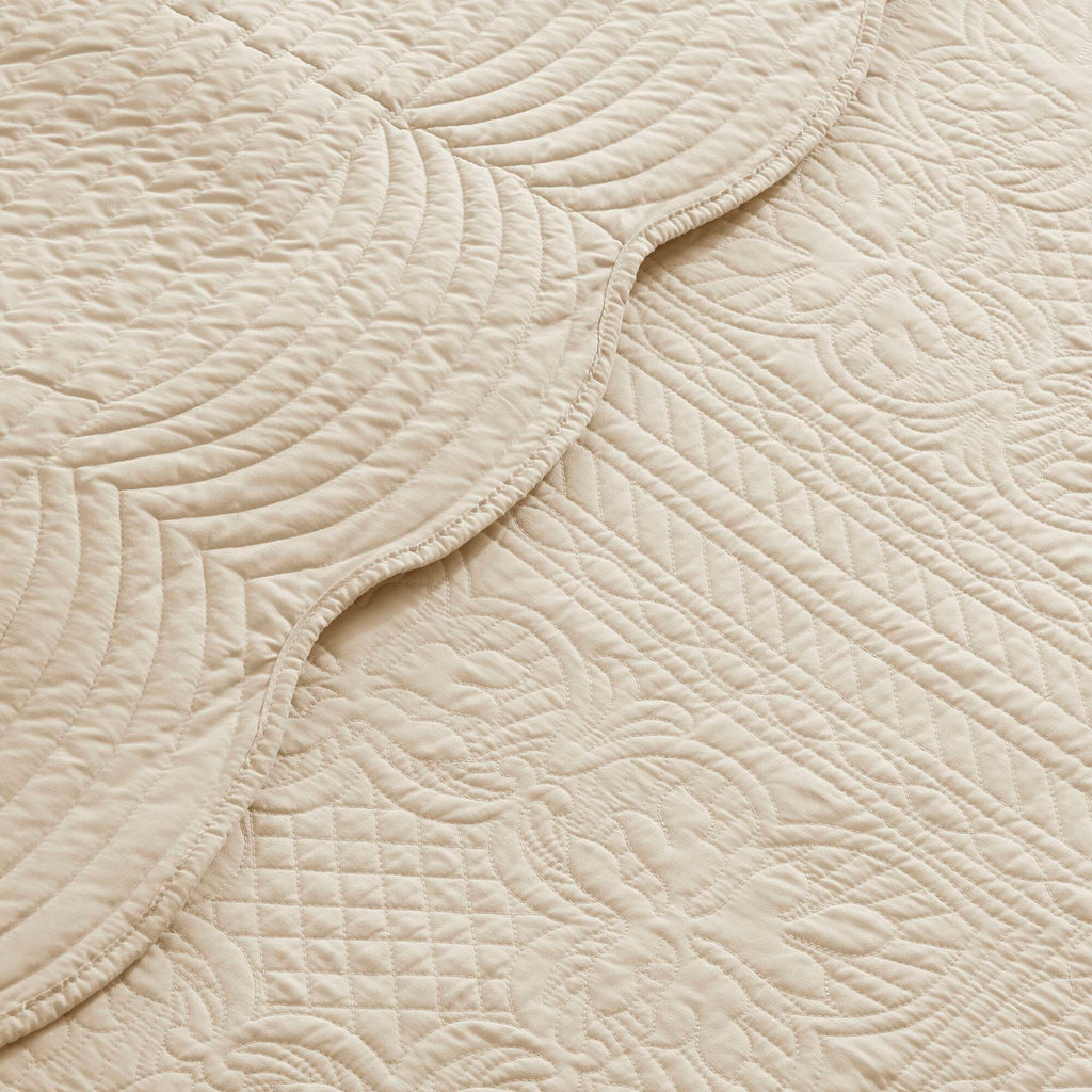 Tuscany - 3 Piece Reversible Scalloped Edge Coverlet Set - Cream