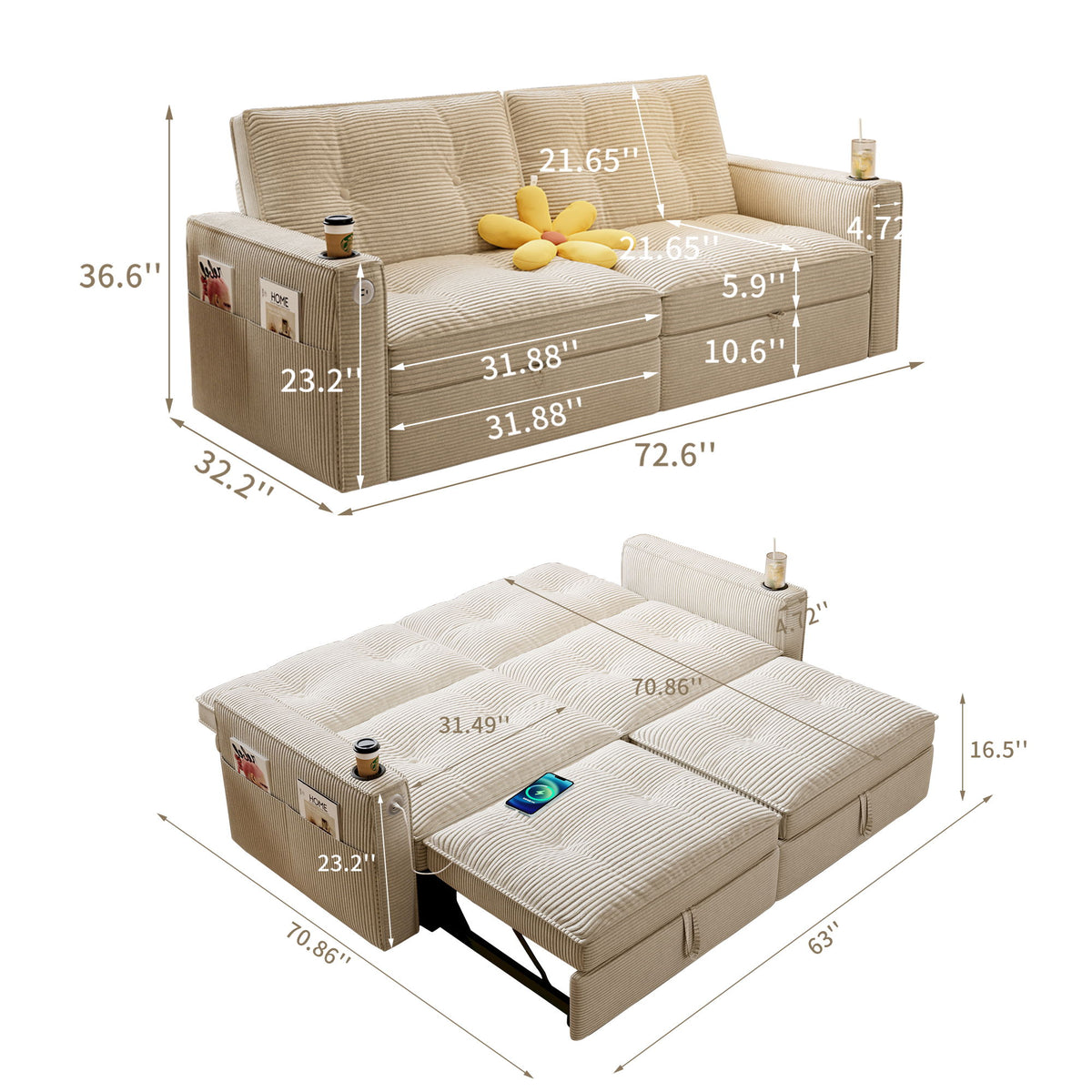 2 In 1 Convertible Sofa Bed For Living Rooms