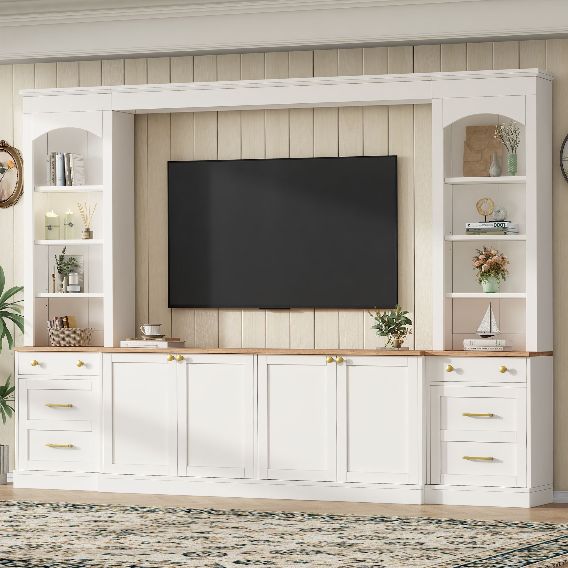 Arched Entertainment Center Wall Unit With Bookshelf, Retro Large TV Stand