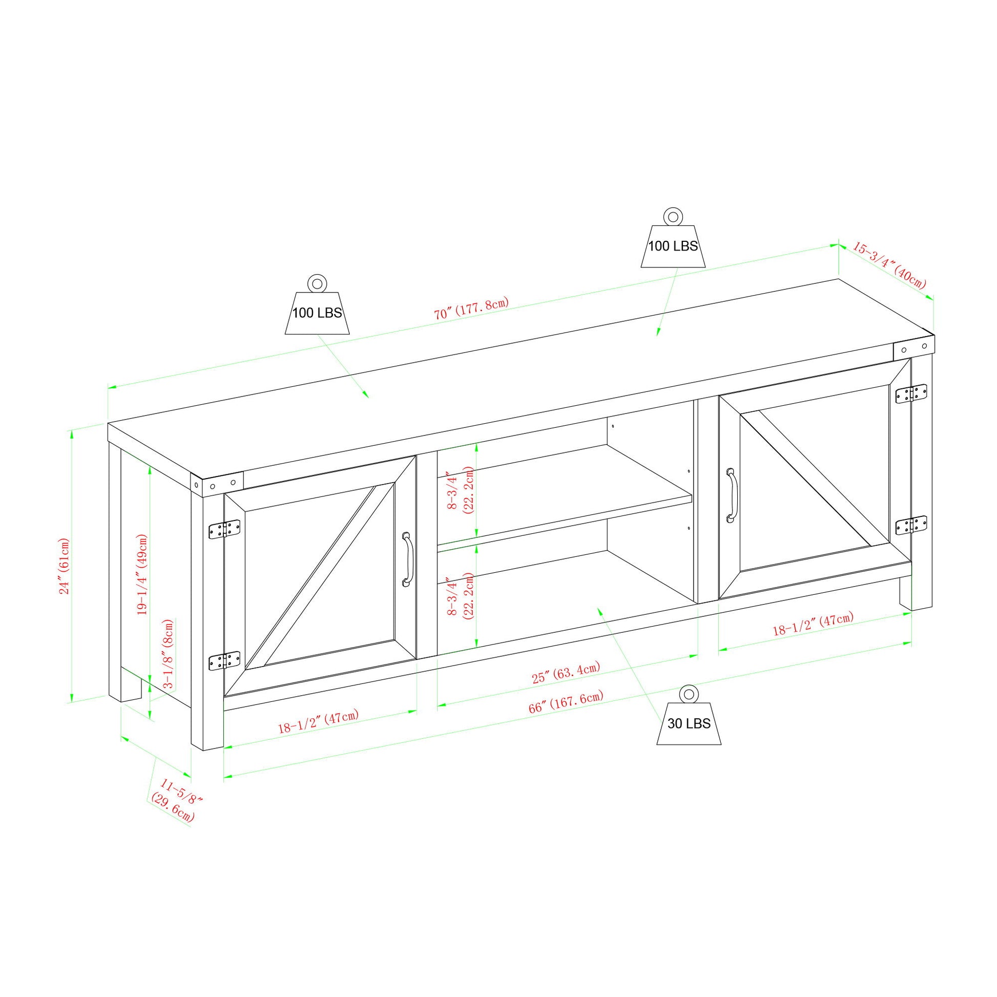 Rustic Farmhouse Double Barn Door 70" TV Stand For 80" TVs With Center Shelves