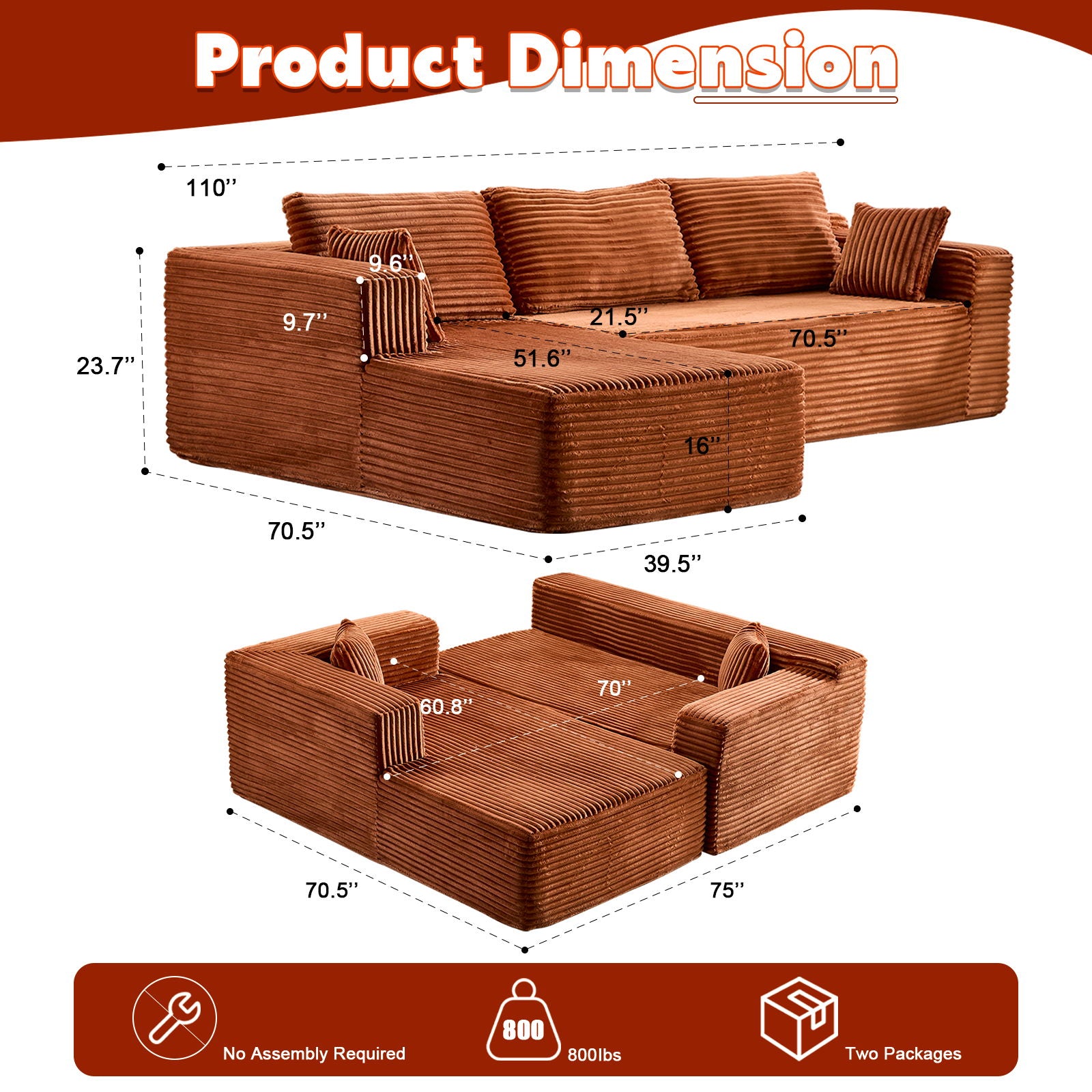 Compression Sectional Couch With Comfy Chaise, Boneless L Shape Sofa With Deep Seat