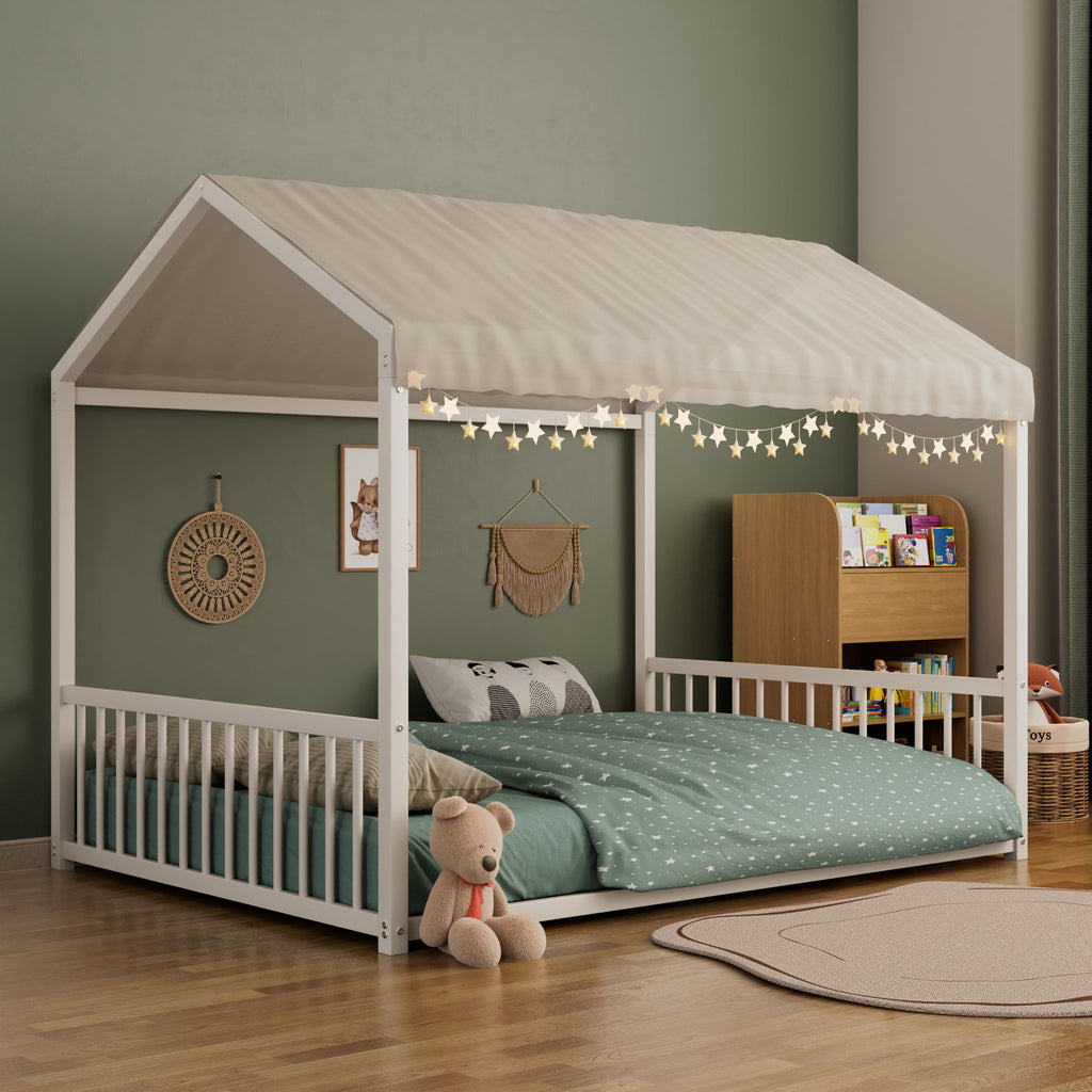 Montessori Style Floor House Shaped Bed With Safety Guardrails