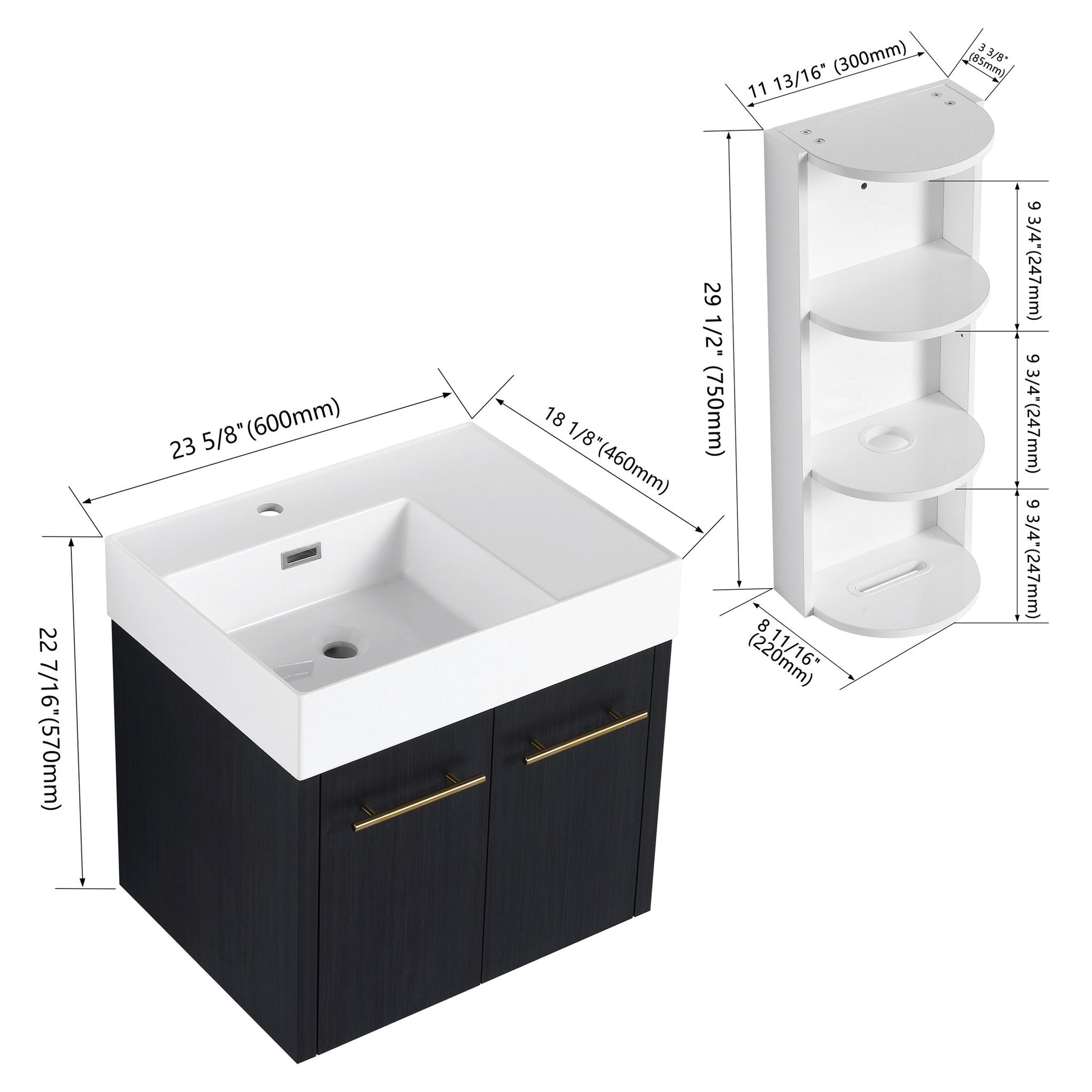 Modern Wall Mounted Bathroom Vanity With Thick Edge Resin Sink And Storage Rack