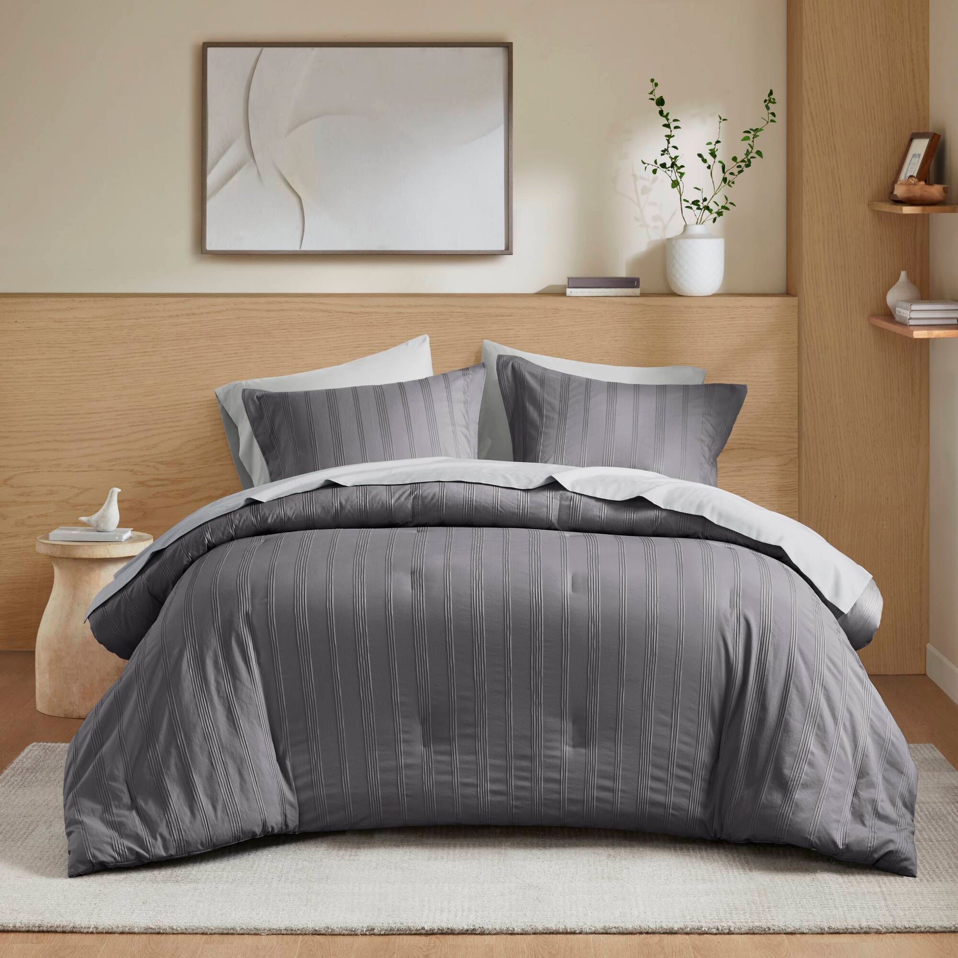 Logan - Full Striped Comforter Set - Charcoal