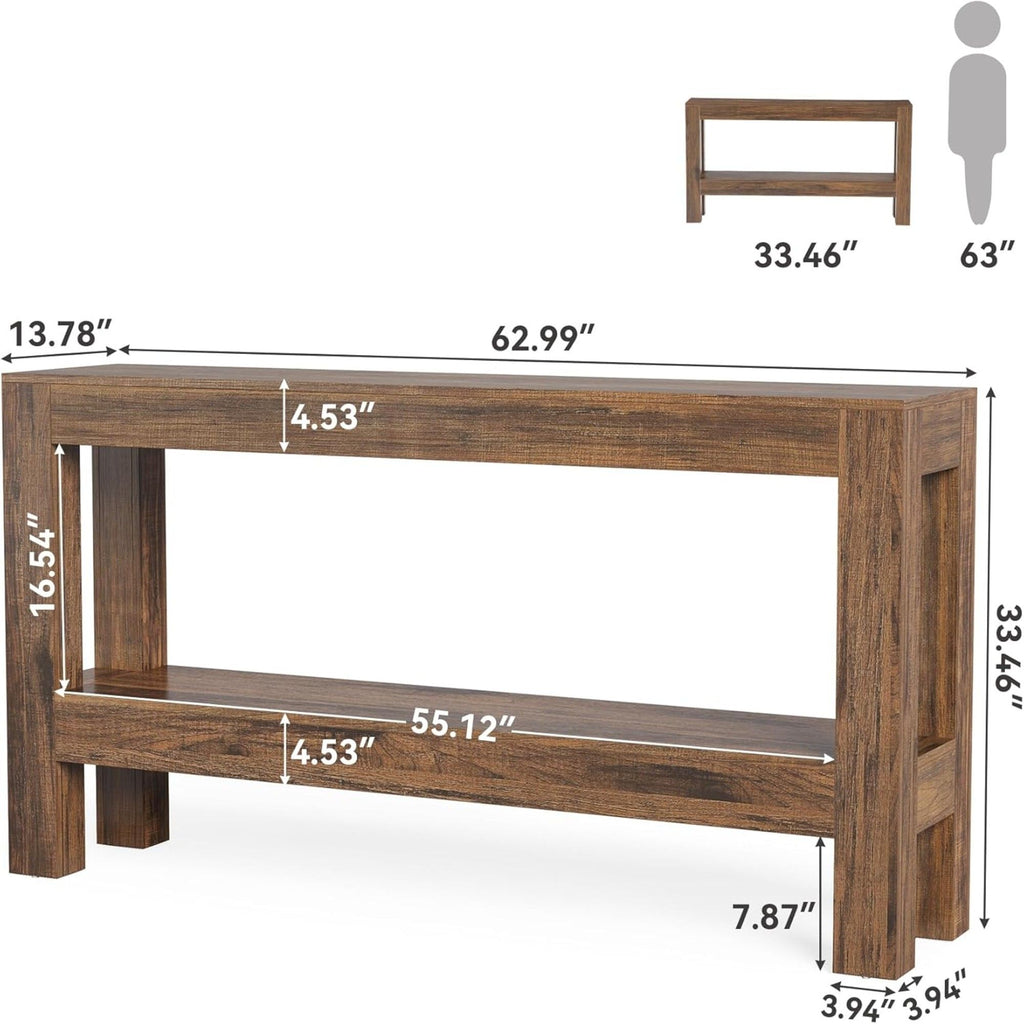 2 Tier Narrow Console Table With Storage For Entryway - Brown