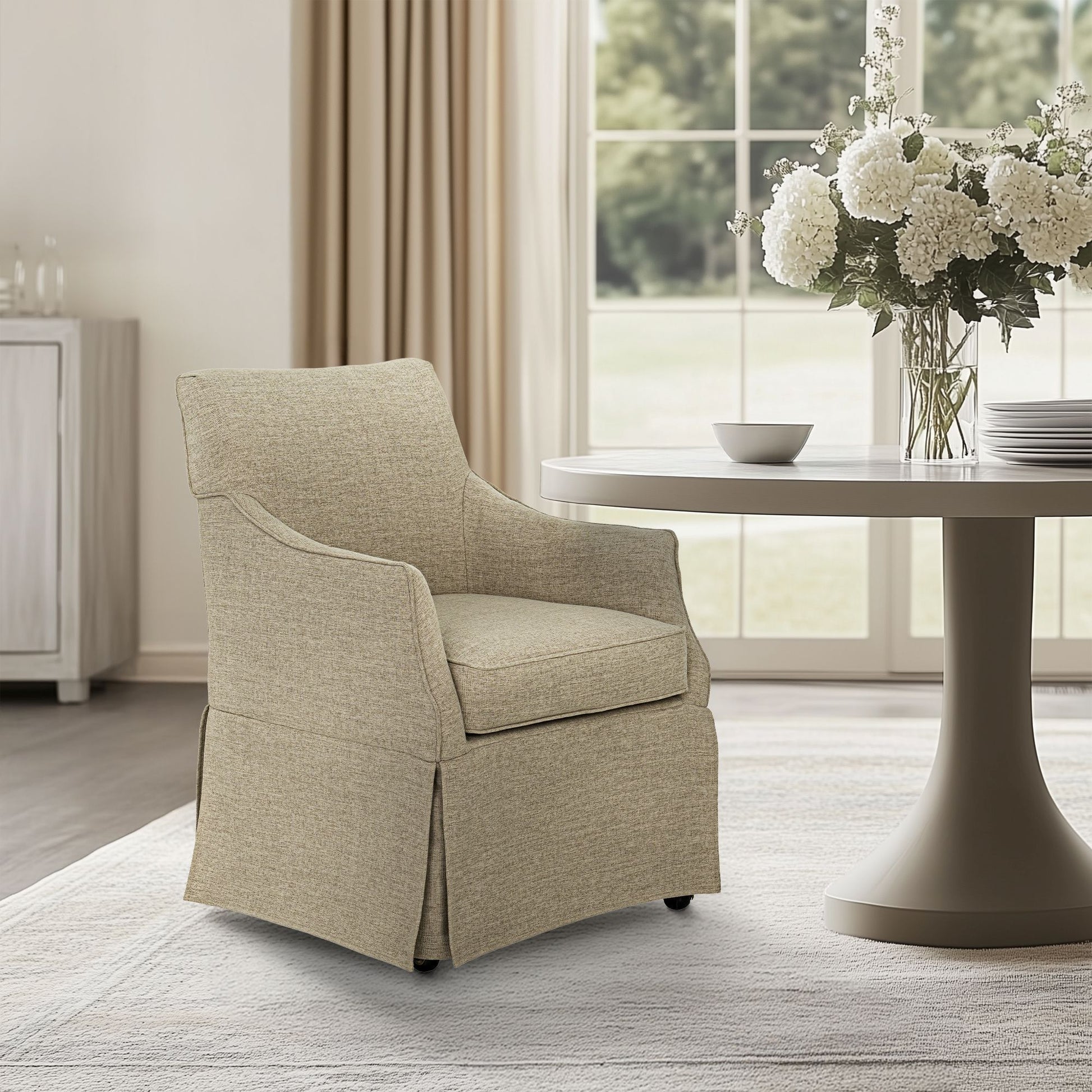 London - Upholstered Skirted Dining Arm Chair With Hidden Casters - Beige