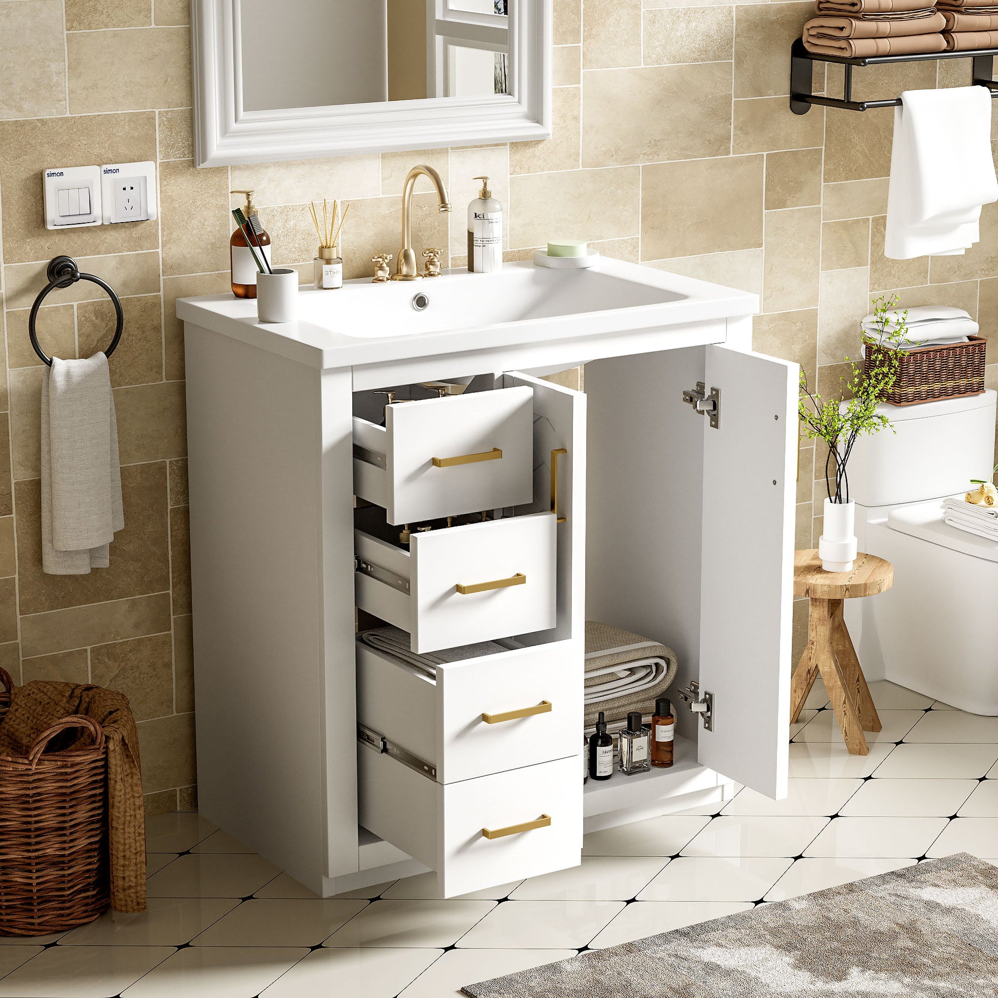 Ceramic Sink Combo, Freestanding Vanity Set With 3 Drawers & Soft Closing Doors