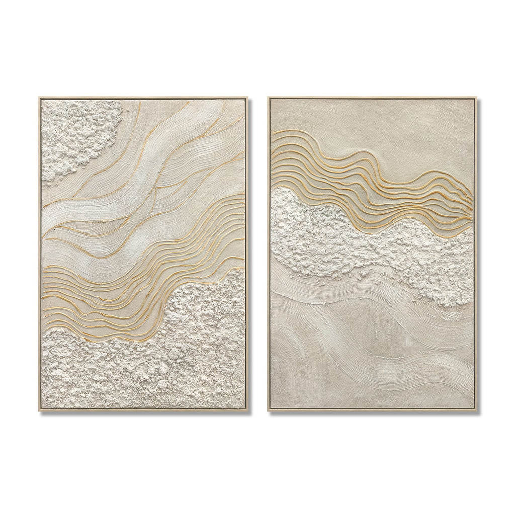 Framed Wall Art, Textured Canvas Painting With Accents, Decor For Living Room (Set of 2) - Antique White