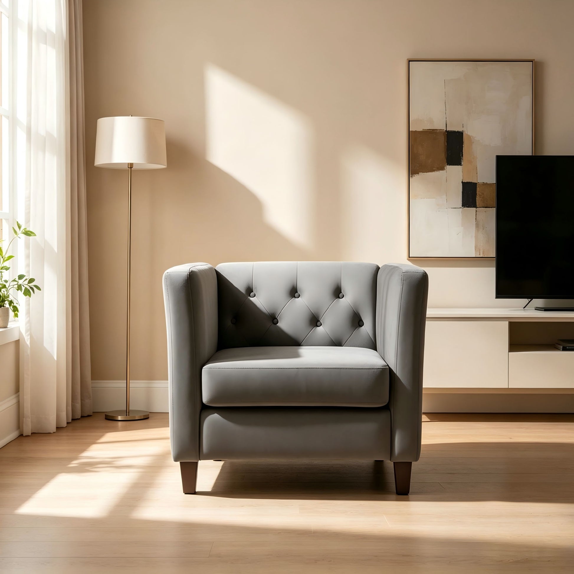 Button Tufted Accent Chair, Square Arms