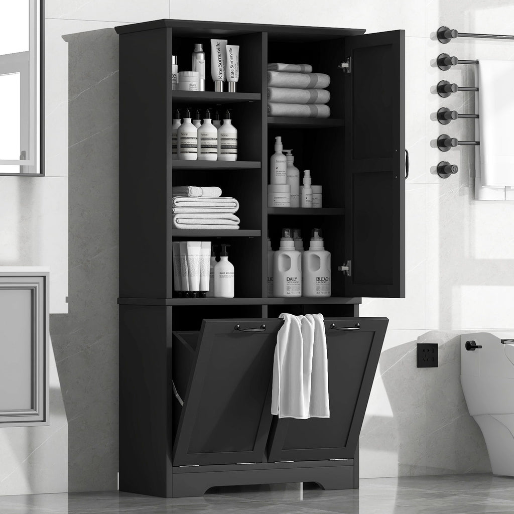Freestanding Bathroom Storage Cabinet With Doors And Drawers, Adjustable Shelves, Tilt-Out Laundry Hamper