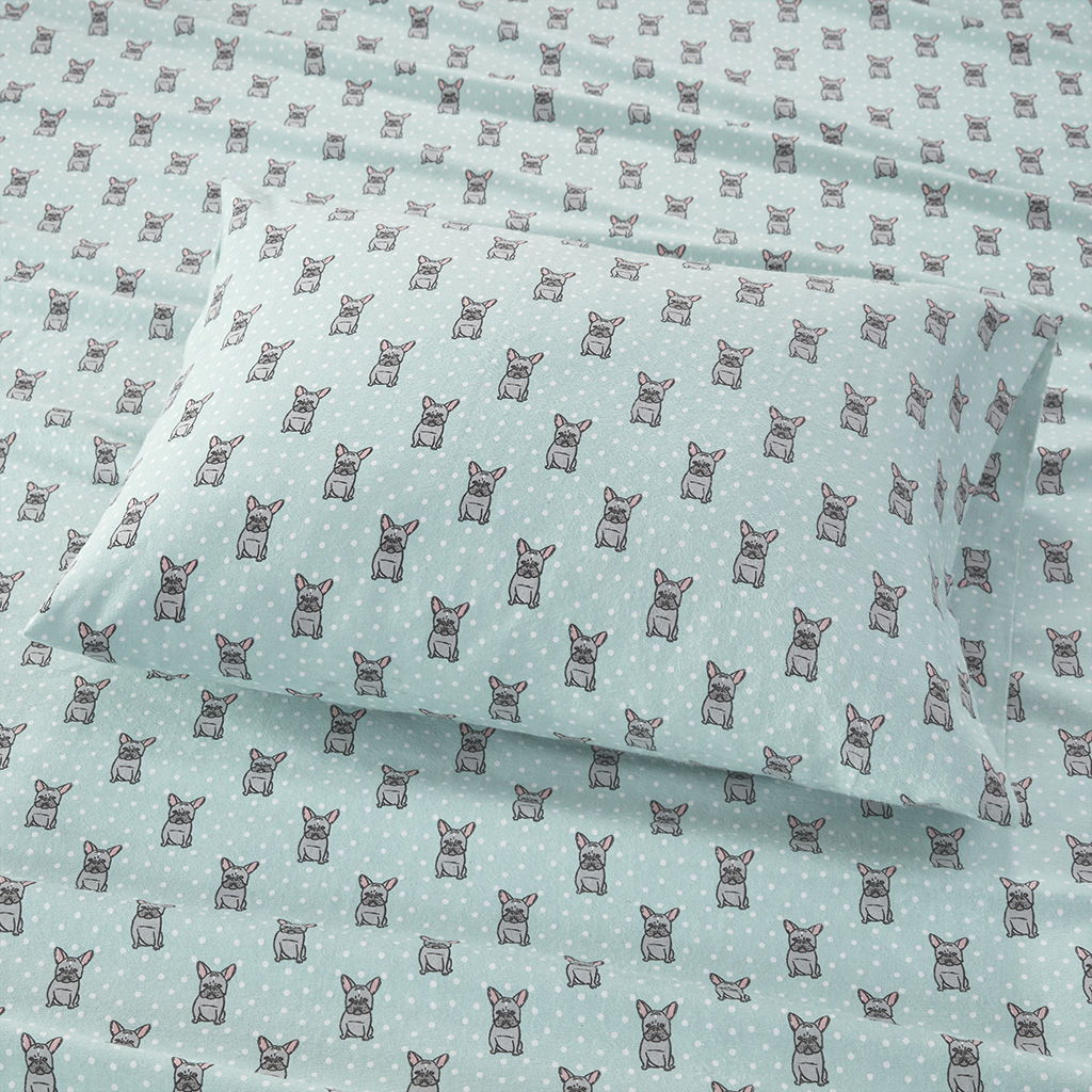 Cozy Flannel - Printed Sheet Set - Aqua French Bulldog