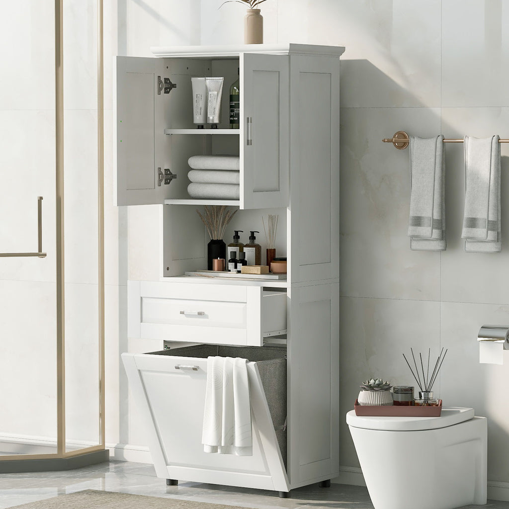 Tall Bathroom Cabinet With Tilt-Out Laundry Basket And Upper Storage