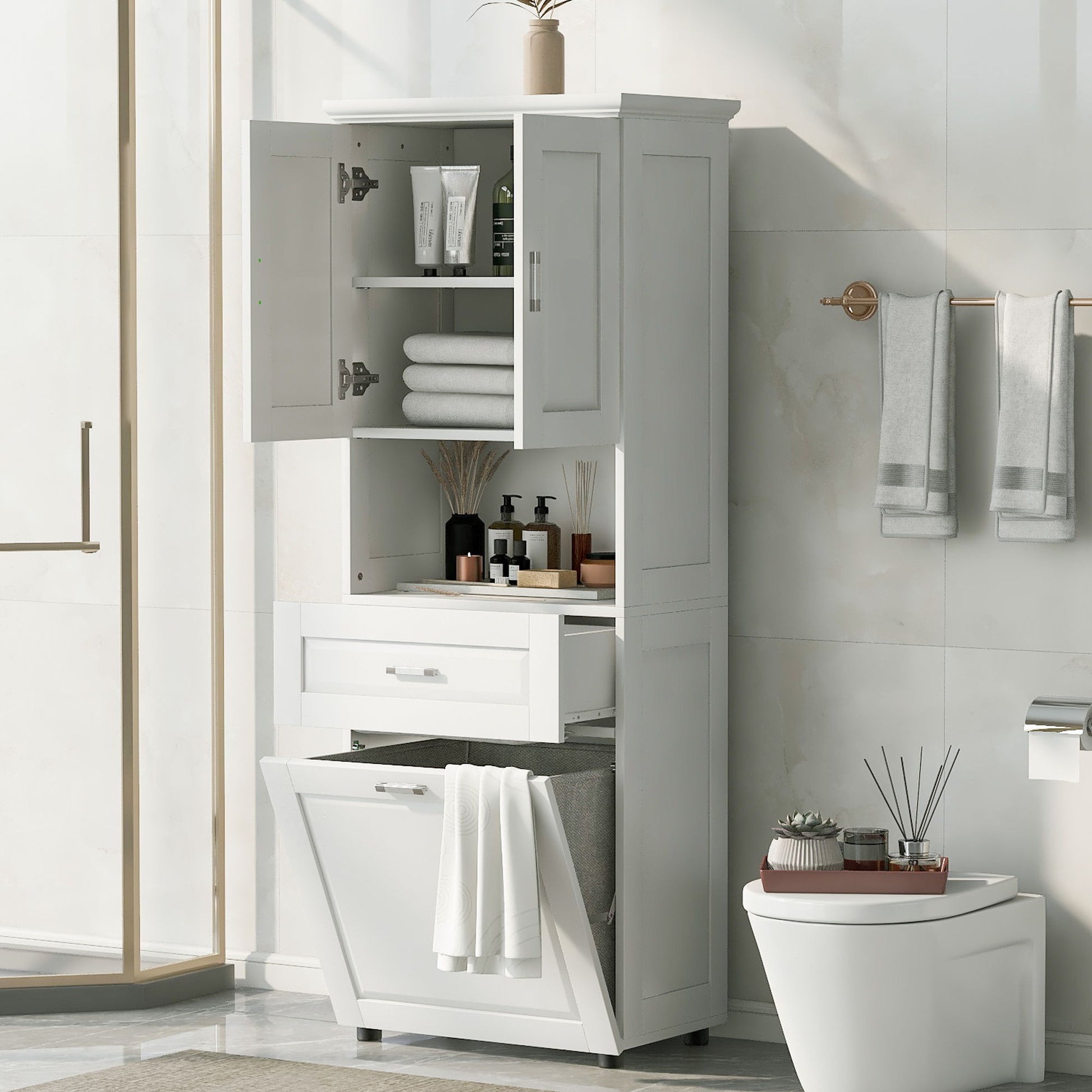 Tall Bathroom Cabinet With Tilt-Out Laundry Basket And Upper Storage