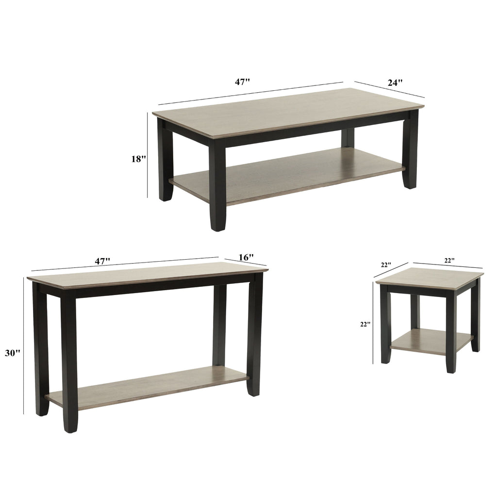 3 Piece Table Set With Open Shelf Storage, Includes Coffee, End & Console Table - Black / Black / Gray / Gray