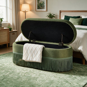 Oval Upholstered Storage Ottoman With Fringe Trim & Lift Top Lid